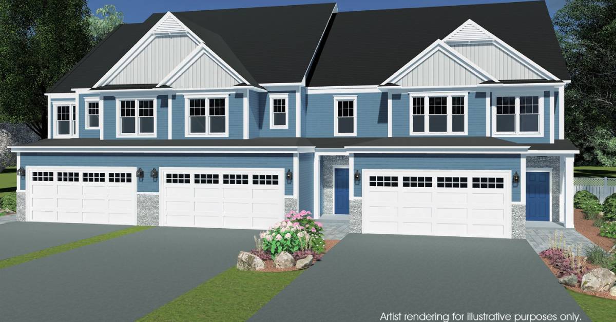 artist rendering of a blue house with three garage doors