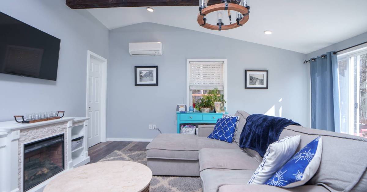 living room with various shades of blue