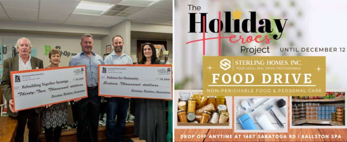 split image with people holding giant checks on the left on and a poster for a holiday food drive on the right
