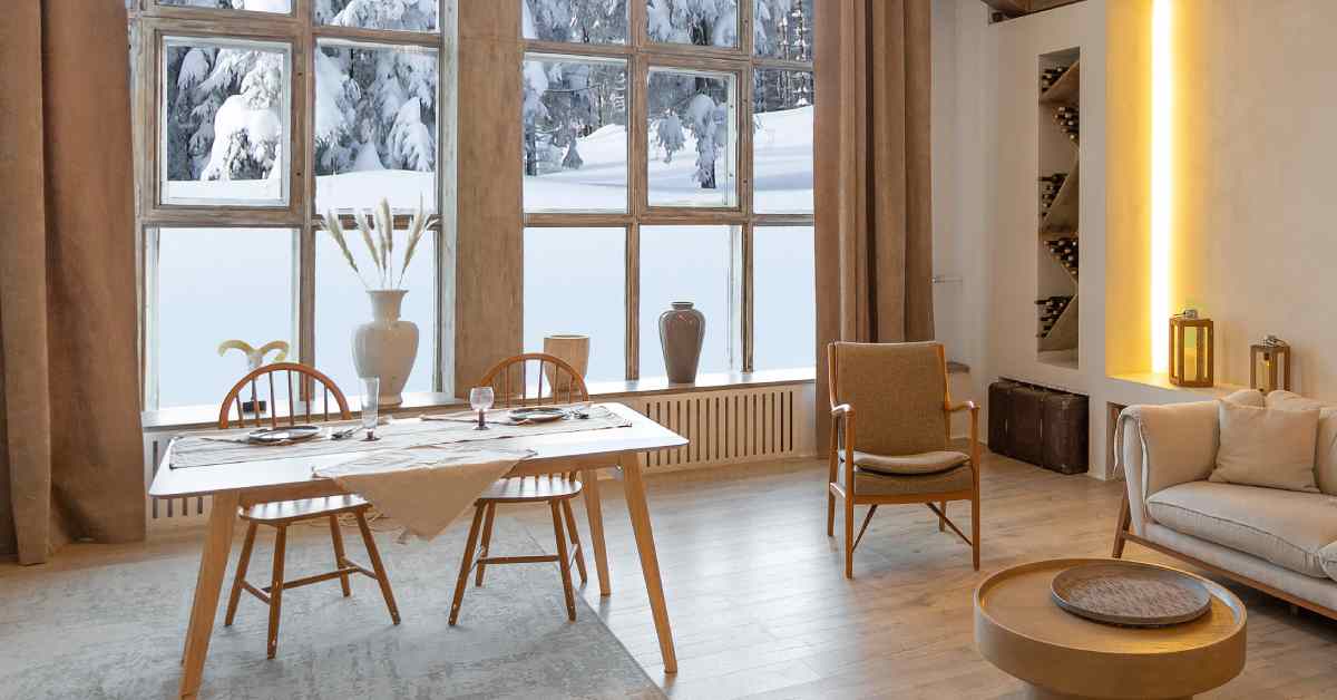 dining area with large windows looking out into snow-filled yard
